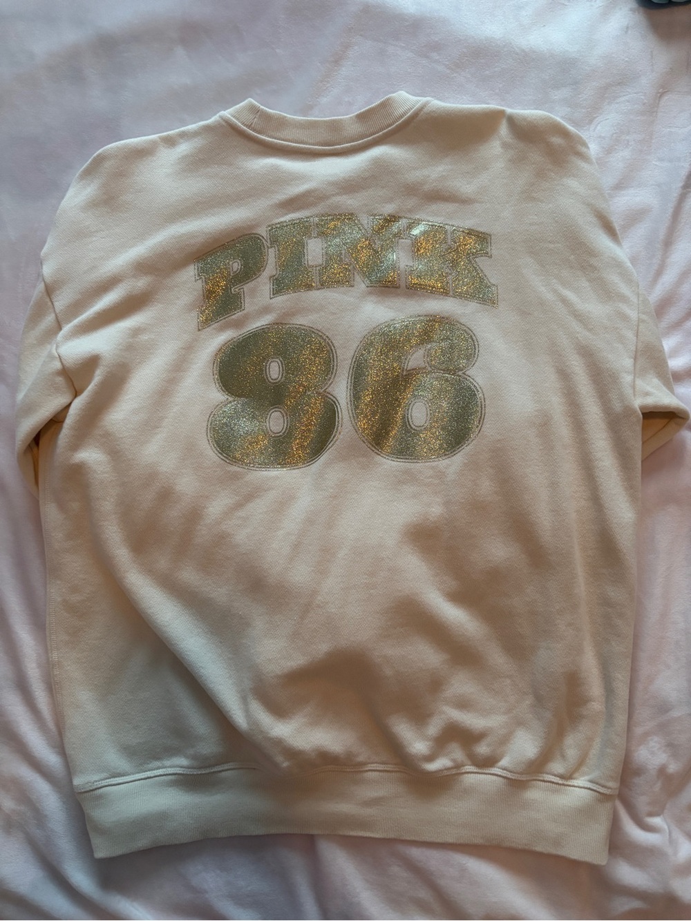 PINK Victoria's Secret Cream Crewneck Sweater with Glitter '86 Graphic